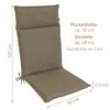 A taupe-colored high-back chair cushion with dimensions and specifications indicated by text overlays. Produktbild-Vorschau