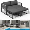 A collage of images showing a modular outdoor lounge set in different configurations and perspectives, including a top-down view. Produktbild-Vorschau