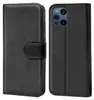 A black leather flip case for a smartphone is shown open, displaying the inside of the case and the back of the phone with its camera array. Produktbild-Vorschau