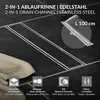 A stainless steel drain channel is shown installed in a tiled floor, with informational graphics at the bottom. Produktbild-Vorschau