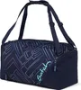 A navy blue duffel bag with a geometric pattern in purple, blue, pink, and teal. Produktbild-Vorschau