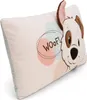 A close-up, angled view of a plush dog pillow with the word "WOOF!" depicted in a speech bubble. Produktbild-Vorschau