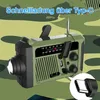 A green emergency radio with a flashlight and antenna, set against a camouflage background. Produktbild-Vorschau