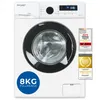 A white front-loading washing machine with a black door and control panel, shown against a white background. Several award badges are visible on the right side of the machine. Produktbild-Vorschau