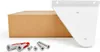 A white shelf bracket, a cardboard box, and mounting hardware are arranged on a white background. Produktbild-Vorschau