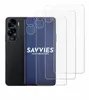 A black smartphone with a camera array is shown next to several transparent screen protectors. The screen protectors are laid out in a stack, with some showing outlines of camera lenses and others showing the full screen shape. The text "SAVVIES SMART PROT Produktbild-Vorschau