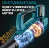 A close-up marketing image of a cordless leaf blower, showing a cutaway view of its brushless motor with glowing internal components and a large RPM number. Produktbild-Vorschau