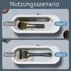 A split image showing a before and after comparison of cleaning makeup brushes and a razor in a cleaning machine. Produktbild-Vorschau