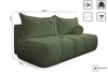 A diagram showing the dimensions of a green sofa, with additional icons indicating features. Produktbild-Vorschau