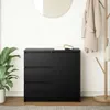 A black sideboard with drawers and a cabinet door, placed in a room with a plant and a coat rack. Produktbild-Vorschau