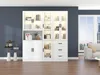 A modern white display cabinet with LED lighting in a living room setting. Podgląd zdjęcia produktu