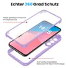 An exploded view of a phone case, showing its three layers: a transparent front cover with screen protection, the phone itself, and a violet back cover with clip-in technology. Produktbild-Vorschau