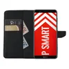 A black flip case wallet for a Huawei P Smart phone is shown open, with the phone displaying a red screen with white chevron patterns and text. The wallet section contains cards and banknotes. Produktbild-Vorschau