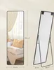 A full-length mirror is shown in two views: one reflecting a bedroom scene and the other showing its stand. Dimensions are indicated. Produktbild-Vorschau