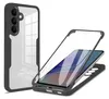 A clear product shot of a phone case with an integrated screen protector, shown in two configurations: one assembled on a phone and one disassembled. Produktbild-Vorschau