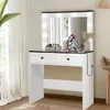 A white vanity table with a lighted mirror, drawers, and makeup accessories. Voir les images du produit
