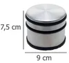 A product shot of a stainless steel door stopper with black rubber rings, with dimensions indicated. Náhled obrázku produktu