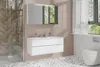 A modern bathroom with a white vanity, mirror, and shower. Náhled obrázku produktu