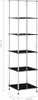 A tall, narrow shelving unit with six black glass shelves supported by silver poles, shown against a white background. Dimensions are indicated with text and lines. Náhled obrázku produktu