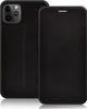 A black leather phone case for an iPhone 12/12 Pro is shown from the front and back. Produktbild-Vorschau