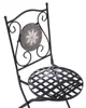 A close-up view of a black metal garden chair with a mosaic tile insert in the backrest. Podgląd zdjęcia produktu
