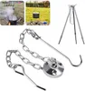 Collage of images showing a camping tripod stand with a pot, a close-up of a chain and hook, and a tripod stand. Produktbild-Vorschau