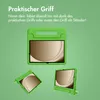 A green background with a tablet case shown in three different angles, with text describing its features. Produktbild-Vorschau