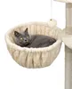 A gray cat is resting in a beige cat bed attached to a cat tree. Náhľad obrázku produktu