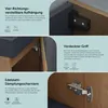 Collage showcasing features of a bathroom cabinet, including adjustable hanging, integrated handles, and soft-close hinges. Anteprima dell’immagine prodotto