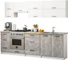 A modern kitchen setup with white upper cabinets and gray lower cabinets, featuring a gas stove, coffee machine, and sink. Náhľad obrázku produktu