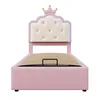 A pink twin-sized bed with a crown-shaped headboard and LED lighting. Produktbild-Vorschau