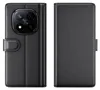 A black leather flip case for a smartphone is shown from the front and back. Produktbild-Vorschau