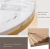 A close-up of a marble-patterned tabletop with a gold trim, next to a stack of MDF boards, with descriptive text. Náhľad obrázku produktu
