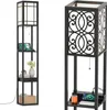 A floor lamp with shelves and integrated charging ports, shown from two angles. Podgląd zdjęcia produktu