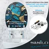 A toilet seat with a marble cobalt design is shown, along with its mounting hardware and a screwdriver. Text overlays describe its features and compatibility. Produktbild-Vorschau