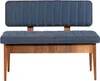 A studio shot of a blue upholstered bench with a wooden frame. Voir les images du produit