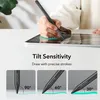 A hand holding a stylus over a tablet, with diagrams illustrating tilt sensitivity. Produktbild-Vorschau