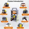 A product introduction image for a rosin press, with various features highlighted by callouts and close-up images. Produktbild-Vorschau