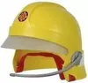 A yellow toy firefighter helmet with a gray visor and red interior padding, shown from a three-quarter angle against a white background. Náhľad obrázku produktu
