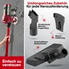 A hand holding a red vacuum cleaner with various accessories displayed on a gray background. Produktbild-Vorschau