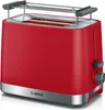 A red Bosch toaster with a chrome base and a warming rack on top, set against a white background. Voir les images du produit