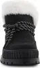 A close-up front view of a black Palladium boot with white fur trim and black and white rope laces. Produktbild-Vorschau