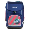 A blue backpack with pink and gray reflective stripes and a car graphic on the front pocket. Produktbild-Vorschau