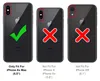 Three iPhones are shown side-by-side, with red boxes highlighting camera areas and green checkmarks or red crosses indicating compatibility. Produktbild-Vorschau