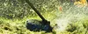 A string trimmer cutting grass, with cut grass flying. Podgląd zdjęcia produktu