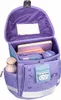 An open purple school backpack with various school supplies inside, including books, a pencil case, and a water bottle. Produktbild-Vorschau