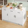 A kitchen island with marble-patterned countertop and white cabinets, decorated with food and a coffee machine. Voir les images du produit