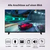 A television screen displaying a racing game, with icons and text below detailing the TV's connectivity options. Produktbild-Vorschau