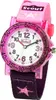 A close-up view of a pink children's watch with a fabric strap. Produktbild-Vorschau