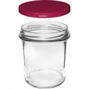 A clear glass jar with a red lid floating above it, against a white background. Podgląd zdjęcia produktu
